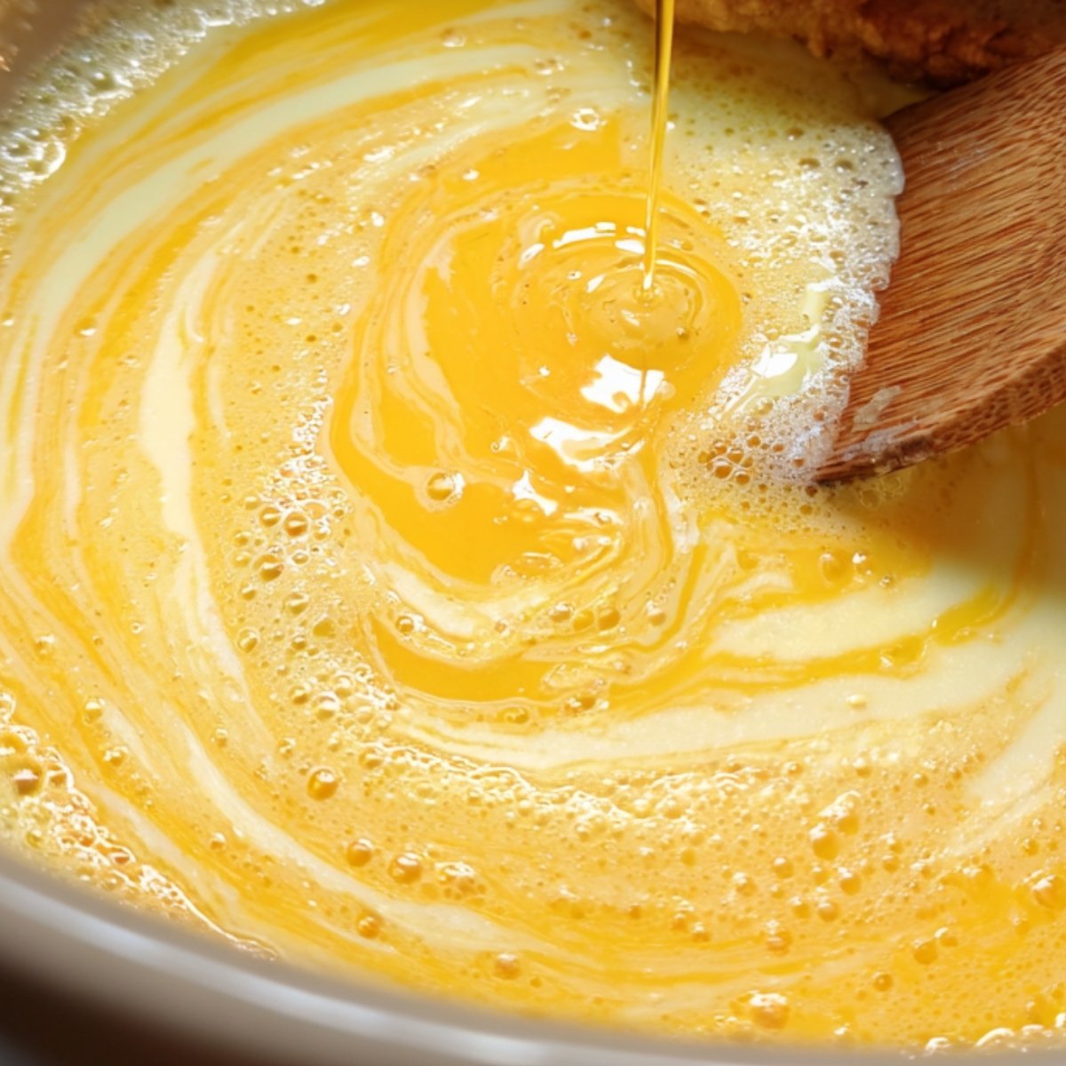Close up of an egg mixture being prepared in a bowl, with the egg yolk blending with milk and forming a smooth mixture. This step is for dipping the cinnamon roll French toast rolls.