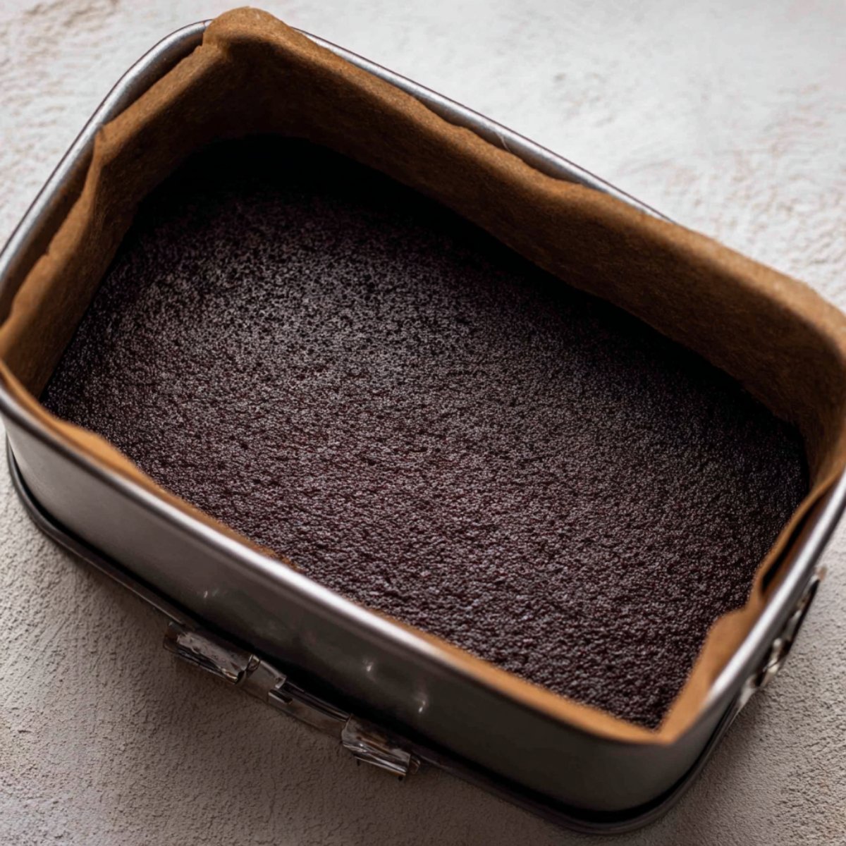 A dark chocolate cake crust inside a springform pan, lined with parchment paper, ready to be filled or baked.
