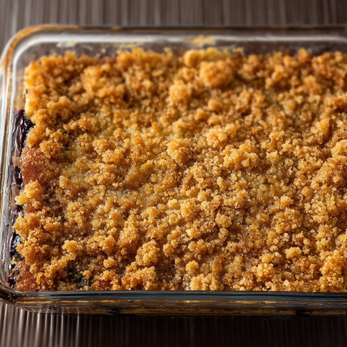 A close-up of a blueberry upside-down cake with a crumbly golden topping, set in a glass baking dish.