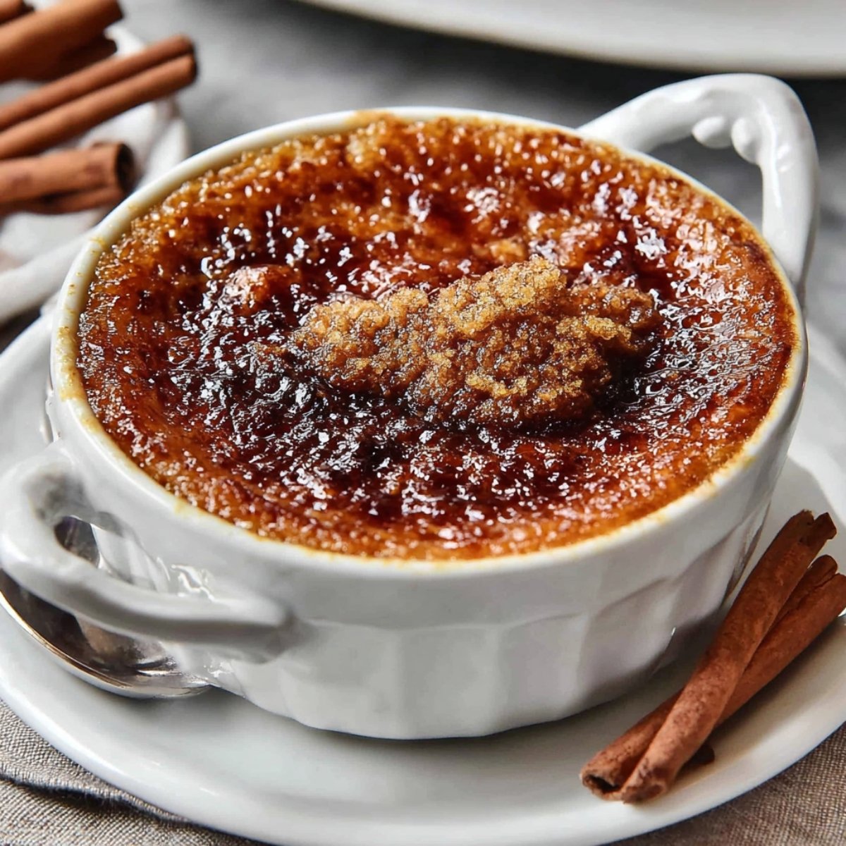 A ramekin of Malvern Pudding with a caramelized, crispy sugar top, garnished with cinnamon sticks, creating a rich and indulgent dessert.