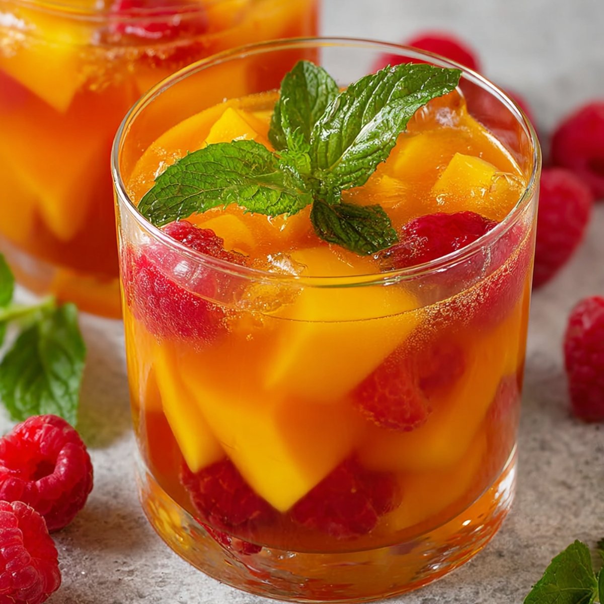The third image features a glass of Mango Iced Tea, garnished with fresh mango cubes and raspberries, alongside a mint leaf. The drink is served with ice, and the colorful fruit adds a refreshing look to the beverage.