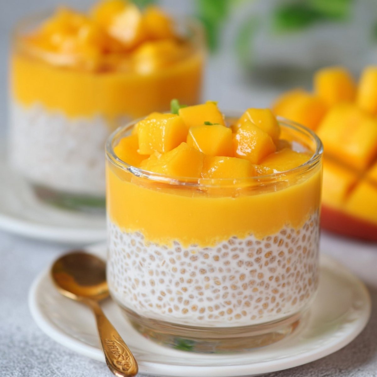 Close up of Mango Tapioca Pudding in a glass, featuring a creamy layer of tapioca pearls topped with bright, fresh mango cubes.