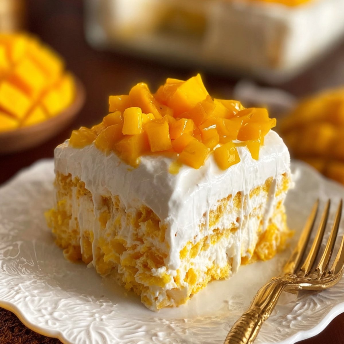 A slice of Mango Tres Leches Cake dessert layered with cream and cake, topped with diced mango, served on a white plate with a gold fork.