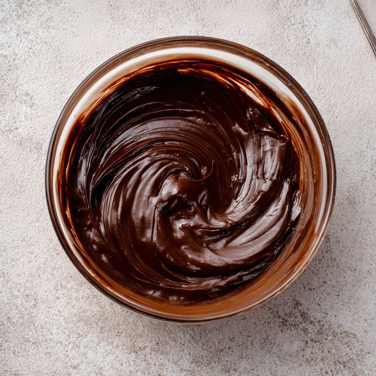 A rich, glossy swirl of melted chocolate in a clear glass bowl, showing the smooth texture and deep color of the melted chocolate.