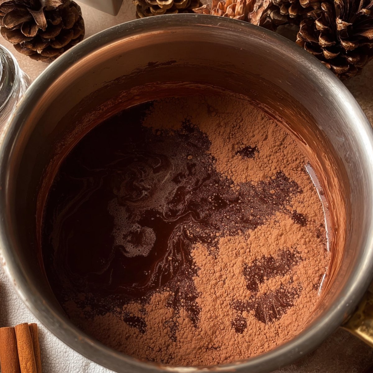 Close up of a stainless steel pot with melted chocolate beginning to mix with the milk, creating a smooth and velvety base for French hot chocolate. The cocoa powder is scattered around the edges of the pot, waiting to blend into the liquid.
