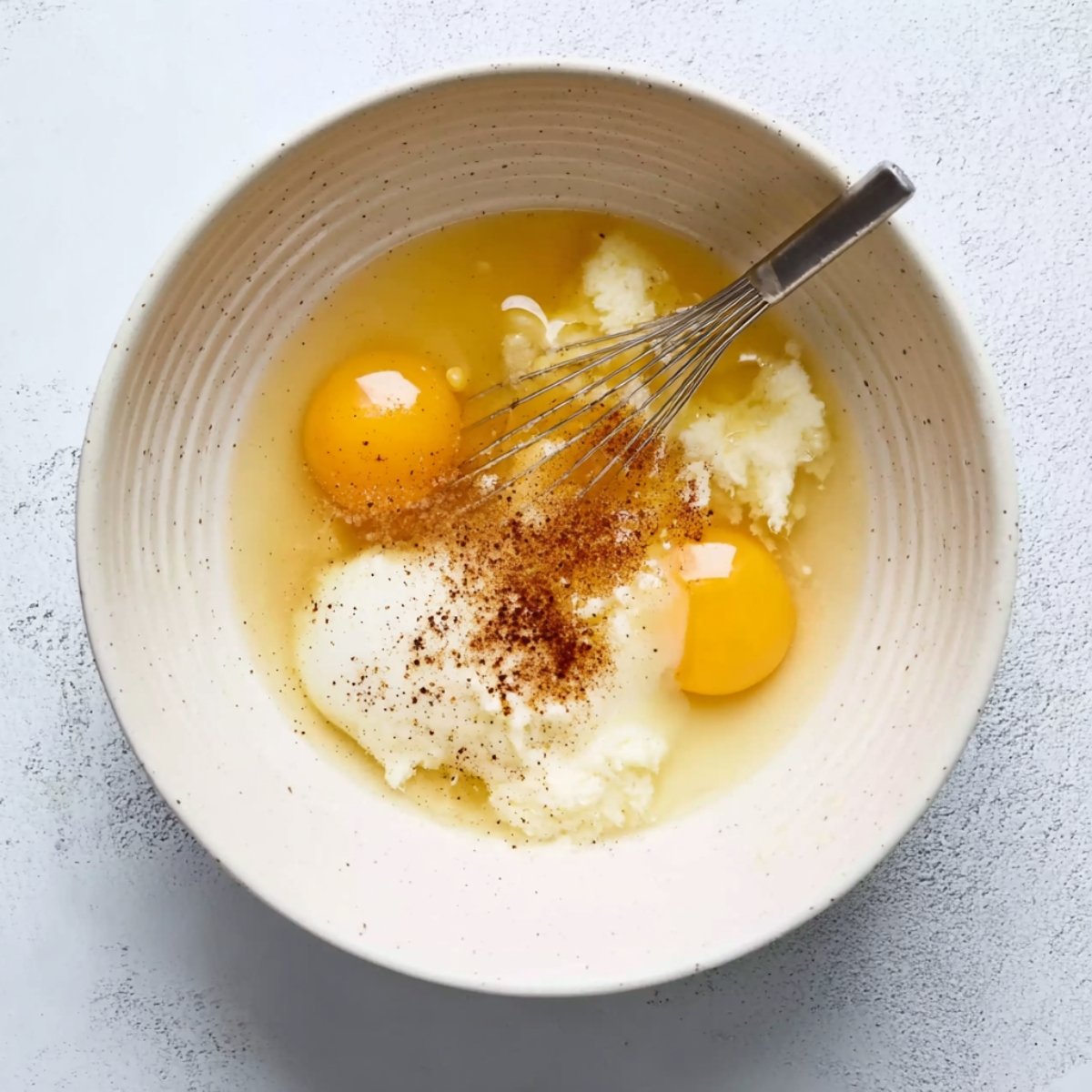 A bowl with eggs, vanilla, melted butter, and cream, with a pinch of cinnamon added, ready to be whisked together for a muffin or cake batter.