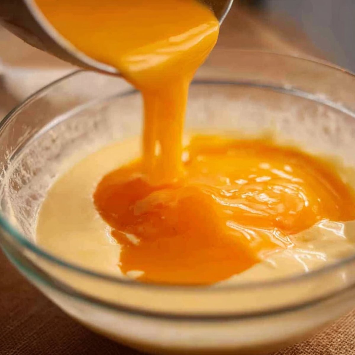 A bowl of pale cream mixture as glossy mango sauce is poured in from a spoon, creating a bright orange swirl.