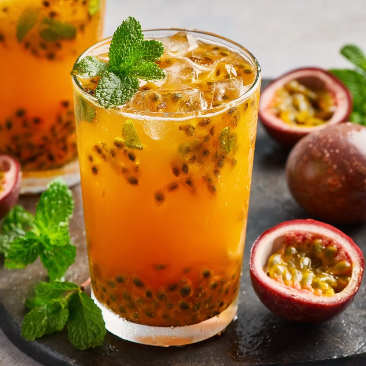 Close up of a glass of passion fruit iced tea with ice cubes, fresh mint leaves, and floating passion fruit pulp, served with passion fruit halves in the background.