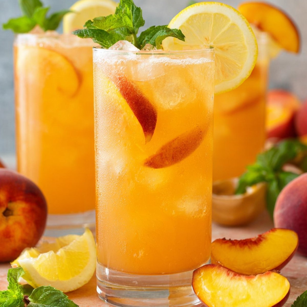 Refreshing peach lemonade served in tall glasses, garnished with peach slices, lemon wedges, and mint leaves. Ice cubes are floating inside, and more peaches surround the glasses.
