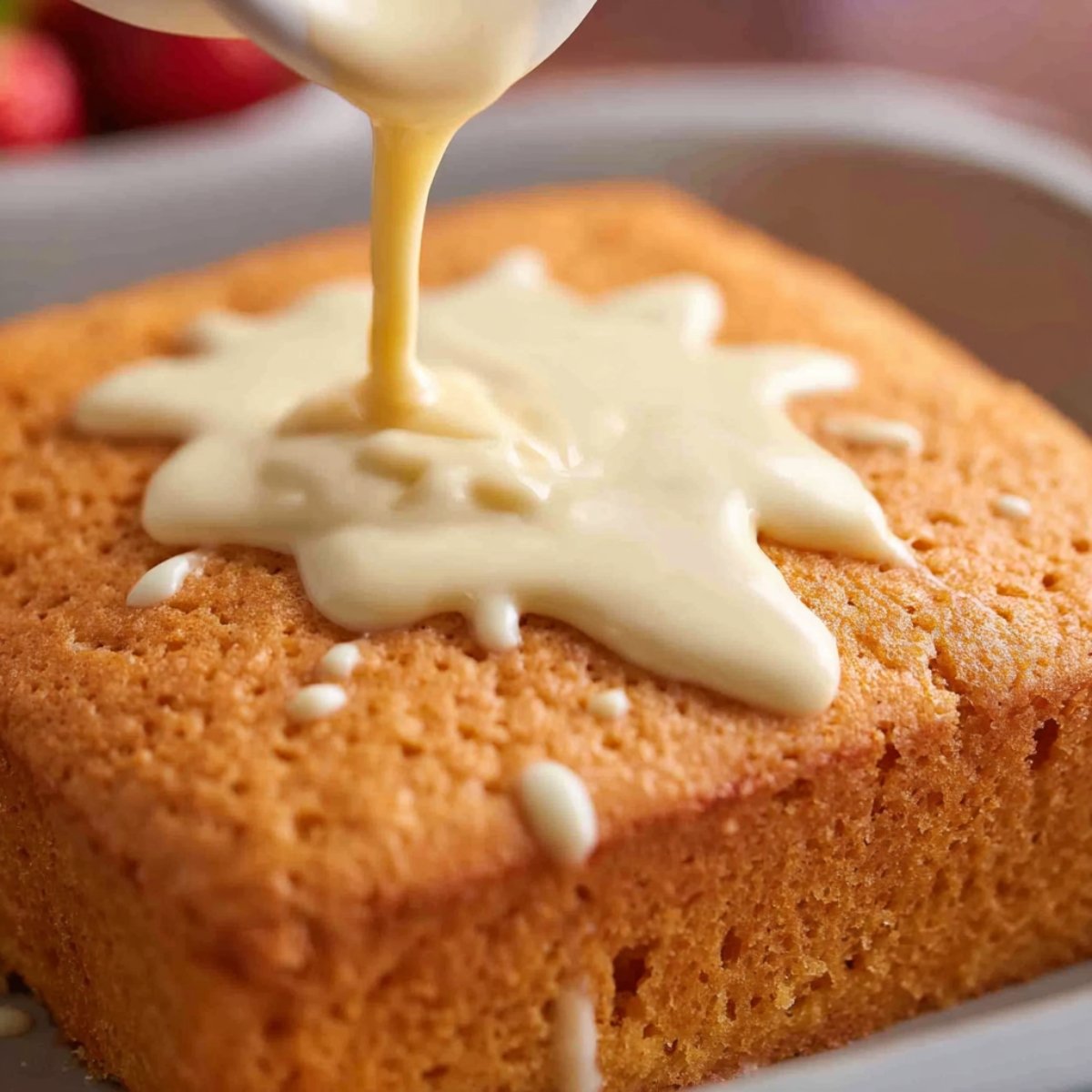 Close-up of a golden sponge cake as thick white icing is poured over the top, slowly spreading and dripping down the sides.