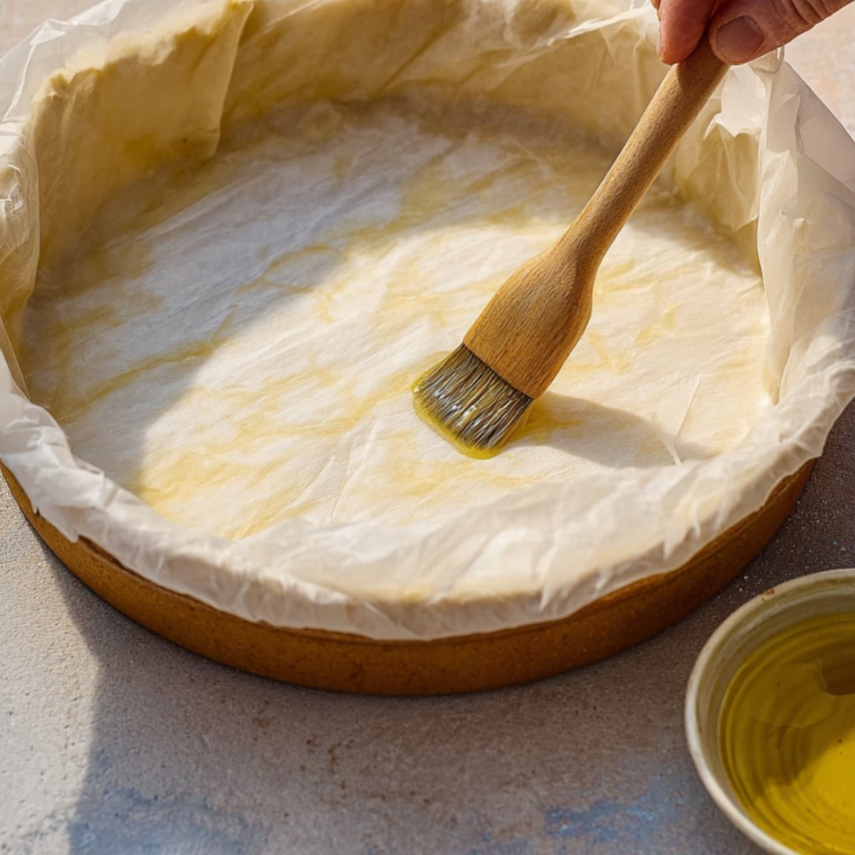 A person using a small brush to apply oil to the inside of a pie pan lined with parchment paper, preparing it for baking.