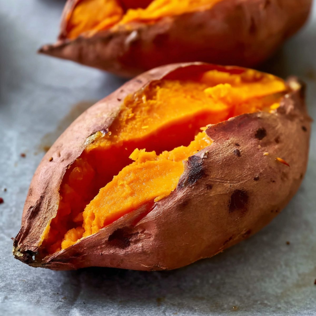 A baked sweet potato, split open to reveal its soft and vibrant orange flesh, ready to be served as a healthy side dish or base for a meal.