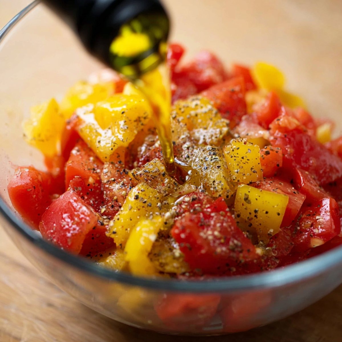Close up of a bowl filled with diced tomatoes and yellow peppers, seasoned with black pepper, and drizzled with olive oil, ready to be mixed for a delicious bruschetta topping.