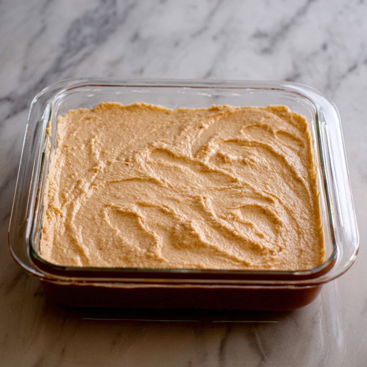 A close-up of a baking pan with a smooth, beige-colored batter or cake layer, possibly related to a layered dessert or cake.