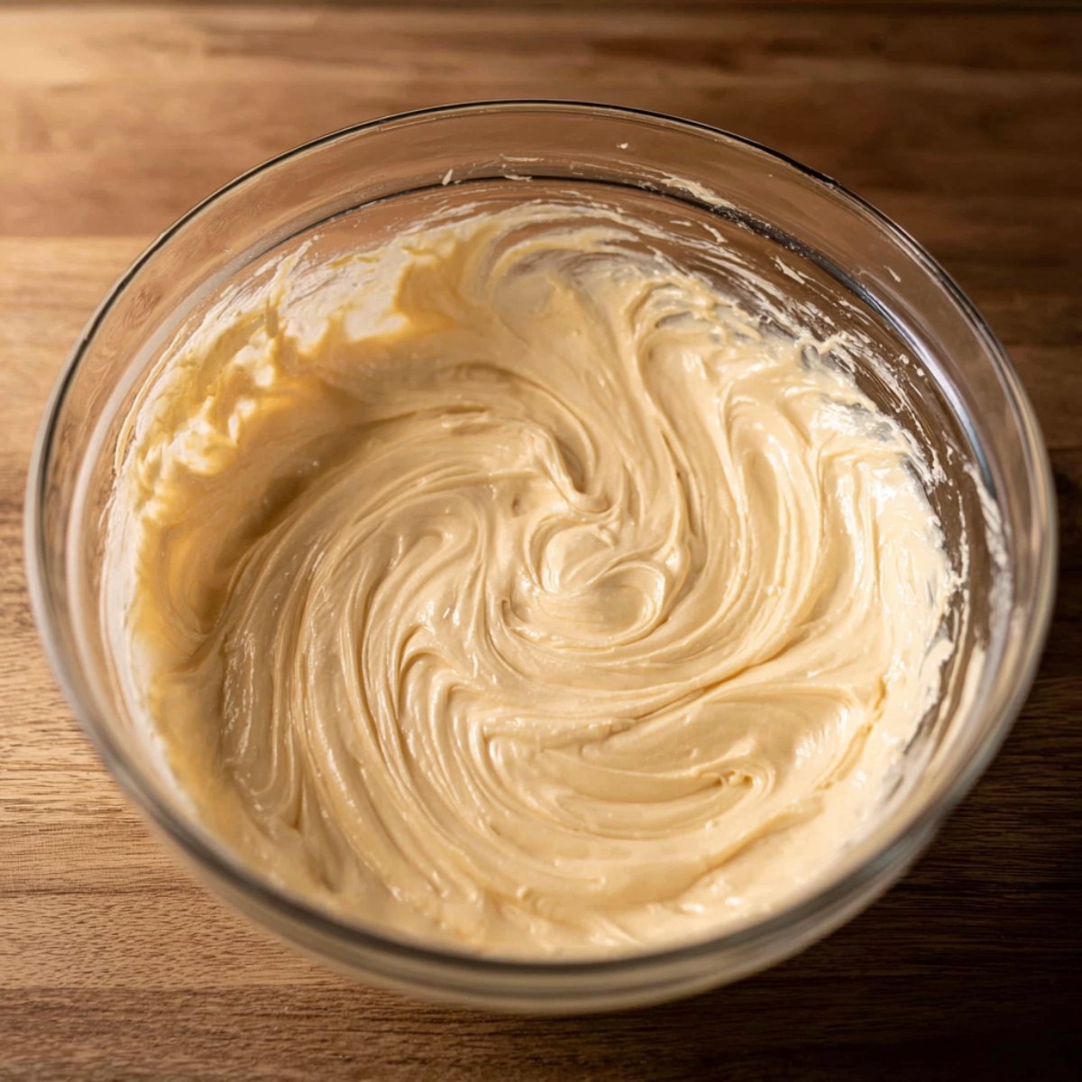 A glass bowl with a smooth mixture of creamy batter, likely made from dry ingredients and other baking components, showing a well-blended consistency.