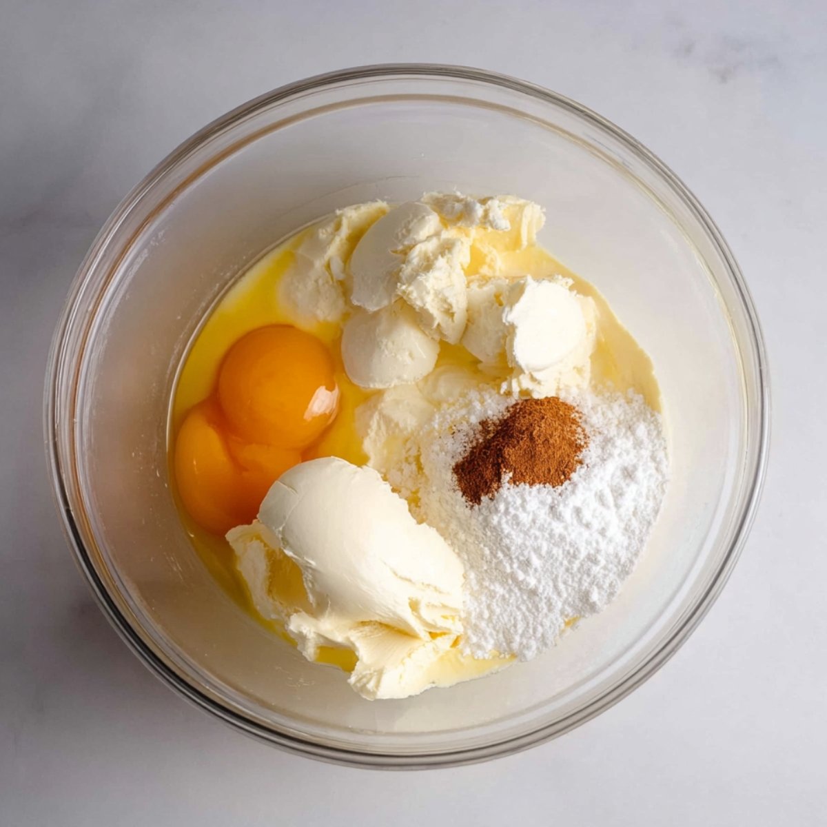 A glass bowl with eggs, cream cheese, sugar, and a spice (likely cinnamon or nutmeg) before mixing, possibly for a dessert filling or cake layer.
