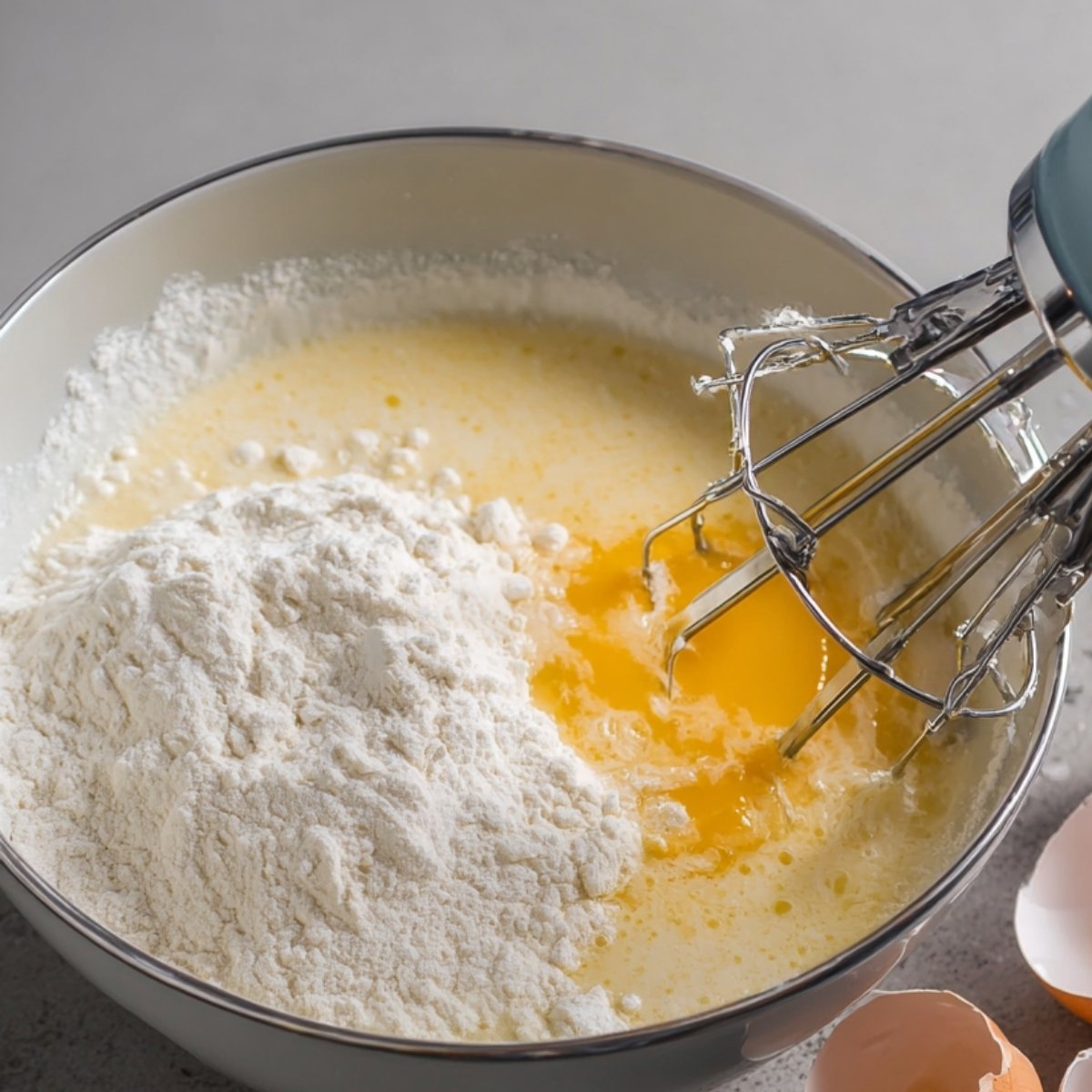 A mixing bowl containing flour and eggs being whisked together with a hand mixer.
