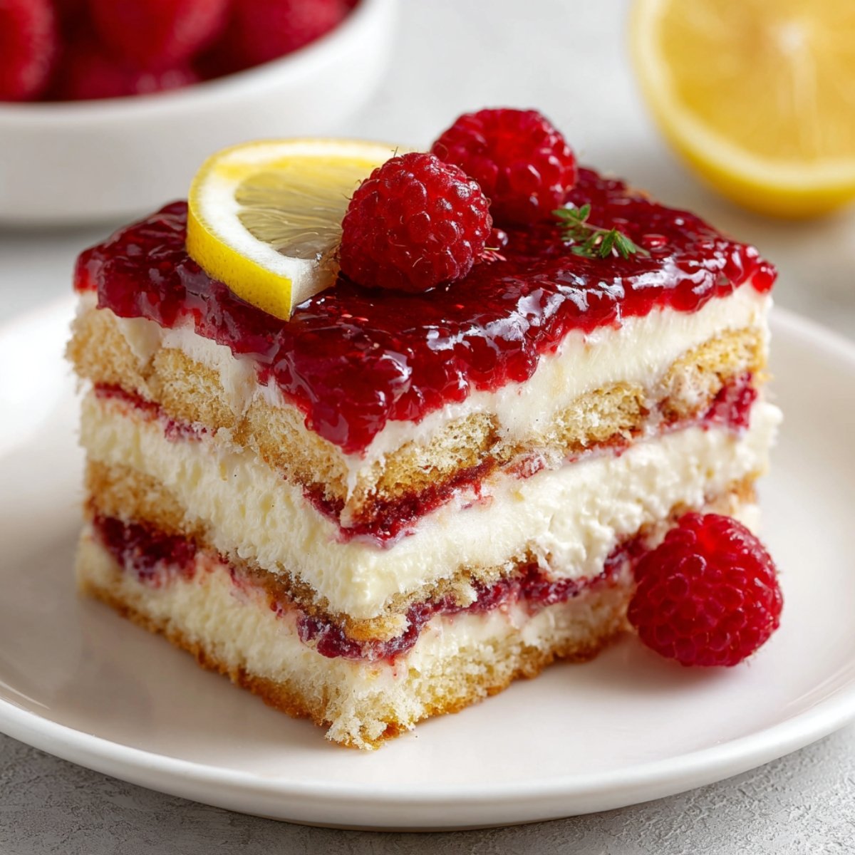 A slice of raspberry tiramisu topped with fresh raspberries and a lemon slice, served on a plate, with layers of sponge cake, raspberry jam, and creamy filling.