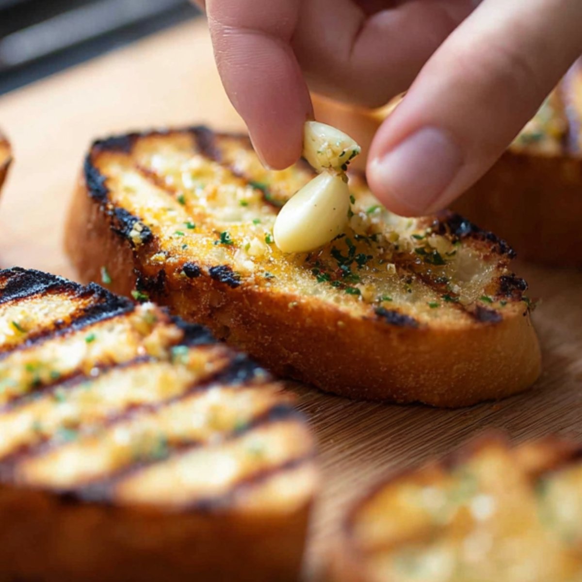 Close up of a hand rubbing a garlic clove over freshly grilled bread slices, infusing them with a rich aroma, preparing them for the perfect bruschetta base.