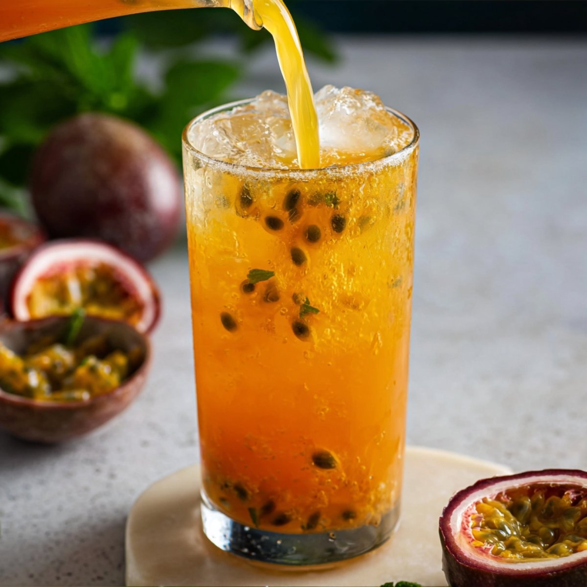 Close up of passion fruit iced tea being poured into a tall glass filled with ice and fresh passion fruit pulp, creating a refreshing tropical drink.