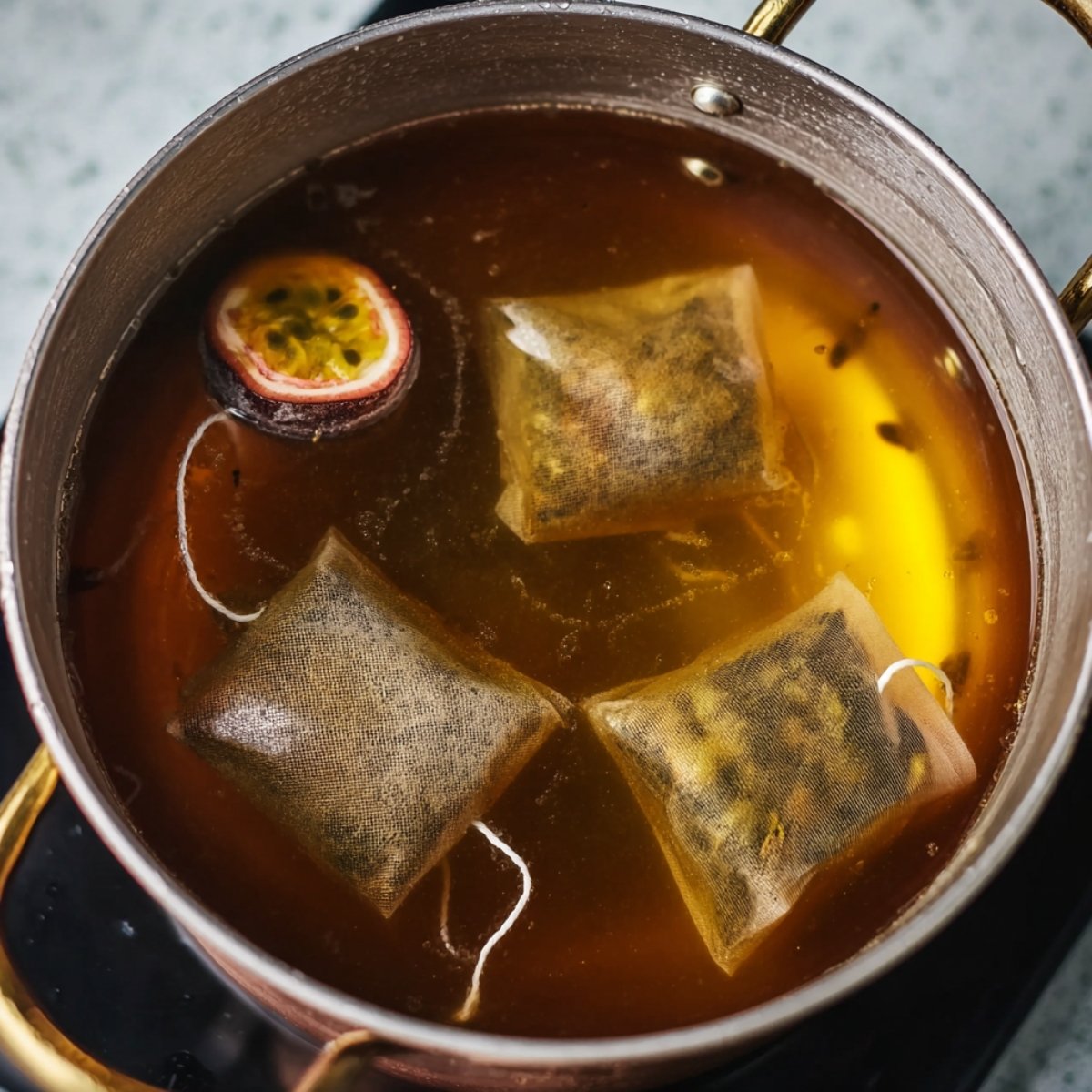 Close up of passion fruit tea bags steeping in hot water with a sliced passion fruit, infusing the water with rich flavor and color.