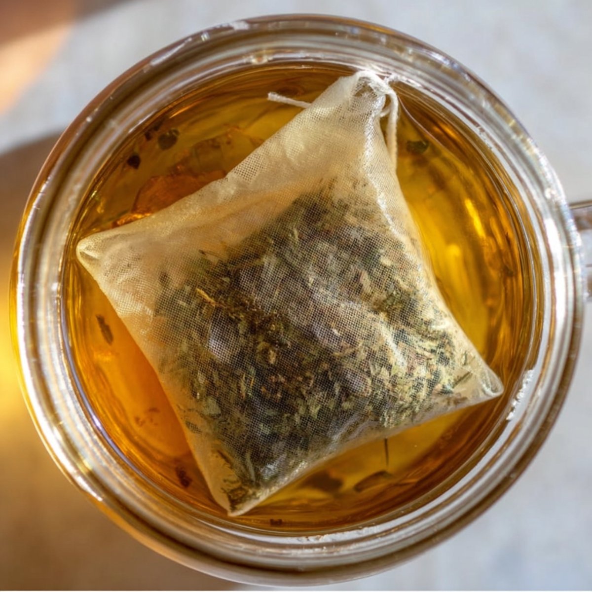 Close-up of a single pyramid tea bag steeping in hot amber tea inside a clear glass mug, with herbs visible through the mesh.