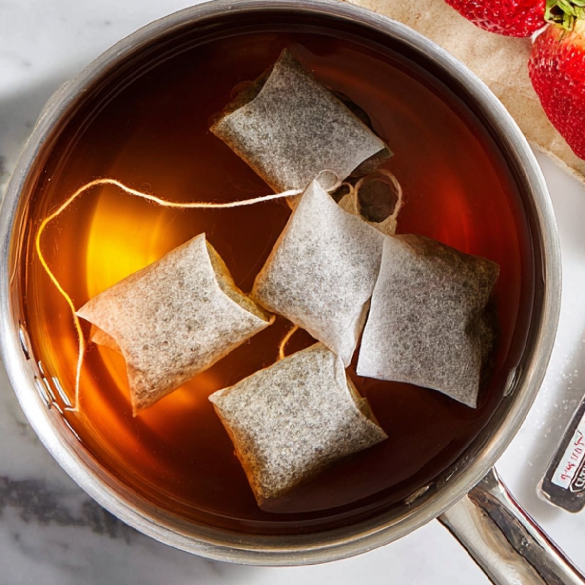 Close up of tea bags steeping in a saucepan, with a rich amber color of the brewed tea. Nearby, there is a measuring cup of sugar and a few fresh strawberries.