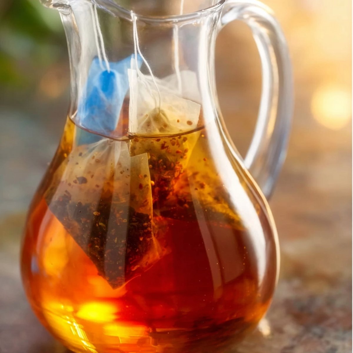 The second image shows a pitcher with tea bags steeping in hot water. The tea has a rich, amber color, and the bags contain loose tea leaves, ready to infuse the water with flavor.