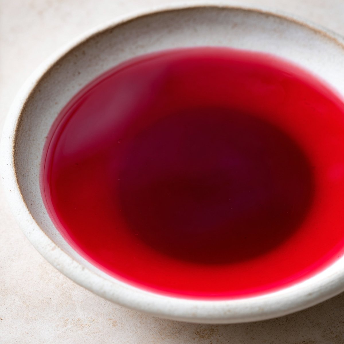 A deep, vibrant red liquid in a small, shallow white bowl.