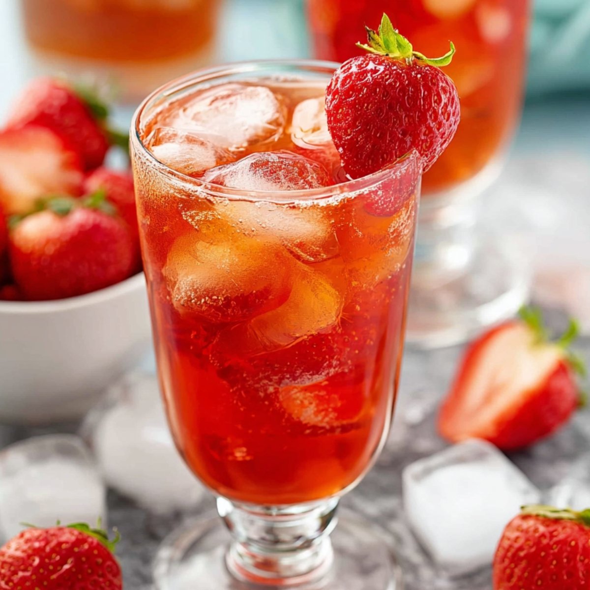 A glass of strawberry sweet tea filled with ice cubes and garnished with a fresh strawberry on top, surrounded by strawberries and ice cubes. The drink has a refreshing, bright red color.