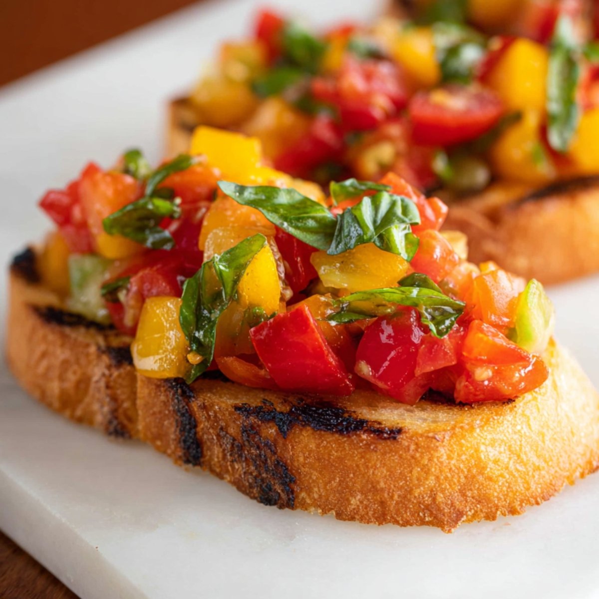 Close up of a vibrant, freshly made Tomato Bruschetta topped with diced tomatoes, yellow peppers, and fresh basil, served on toasted bread with a golden, crispy finish.