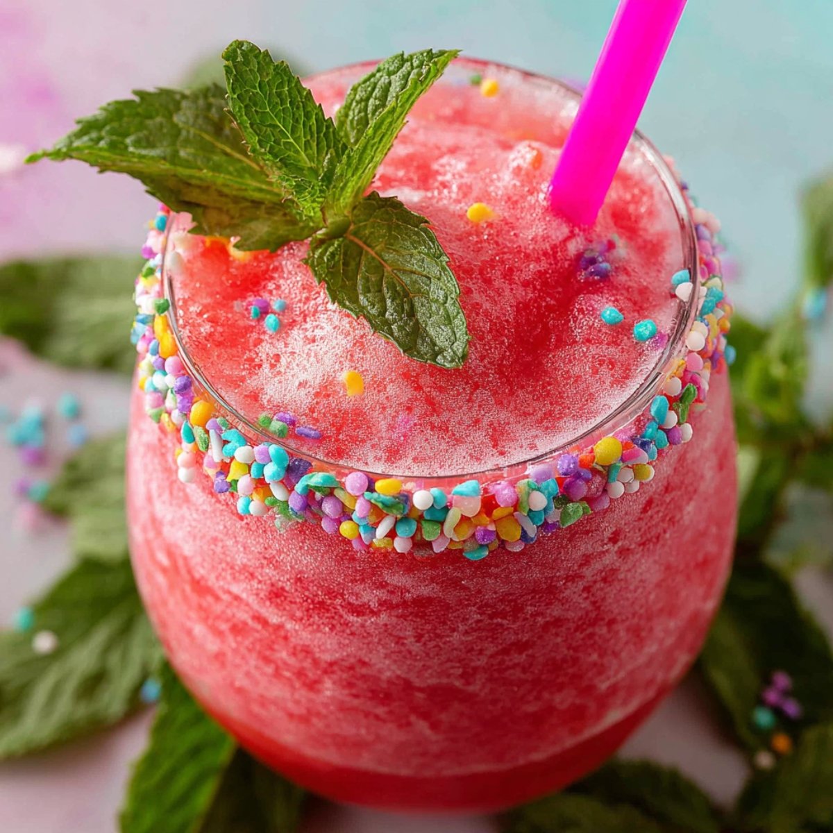 Close up of a Watermelon Slushie Recipe in a glass with a colorful candy-coated rim, topped with a mint sprig. The slushie is a vibrant pink with a pink straw, surrounded by mint leaves and colorful sprinkles.