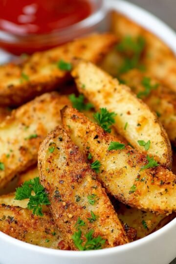 A plate filled with crispy, golden-brown Parmesan potato wedges garnished with fresh parsley, accompanied by a small bowl of ketchup for dipping.