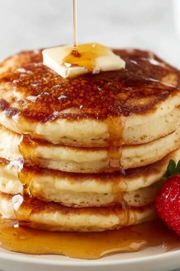 A stack of fluffy homemade pancakes drizzled with syrup and topped with butter, alongside strawberries.