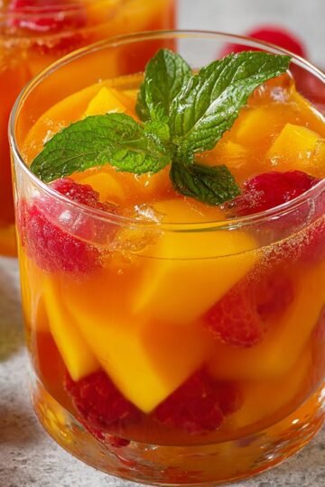 The third image features a glass of Mango Iced Tea, garnished with fresh mango cubes and raspberries, alongside a mint leaf. The drink is served with ice, and the colorful fruit adds a refreshing look to the beverage.
