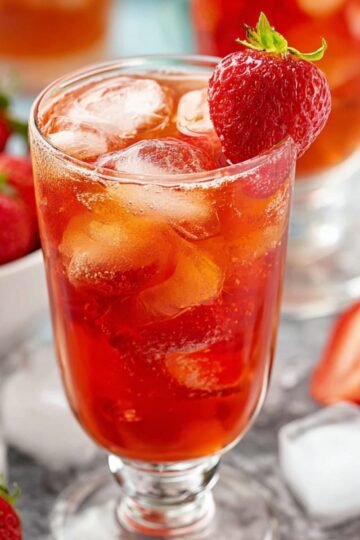 A glass of strawberry sweet tea filled with ice cubes and garnished with a fresh strawberry on top, surrounded by strawberries and ice cubes. The drink has a refreshing, bright red color.